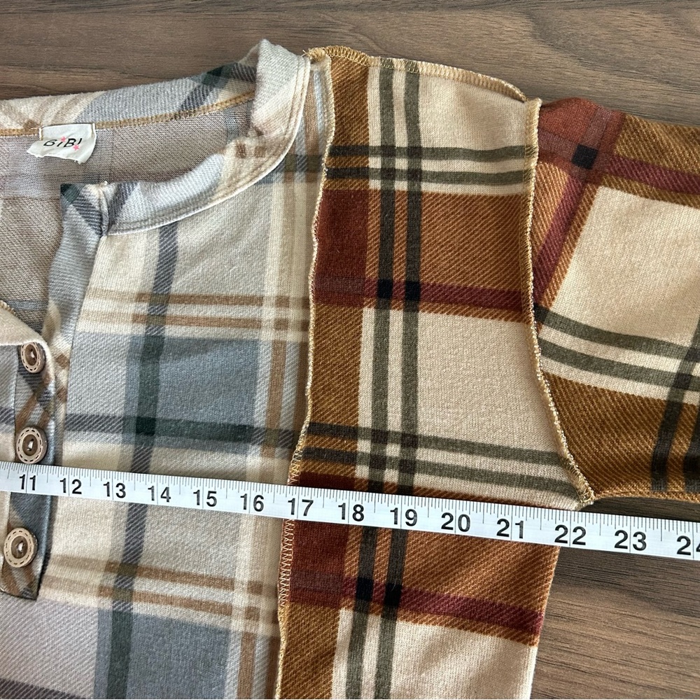 BiBi Britta Brown and Blue Plaid Button Top Size Small - Picture 6 of 7